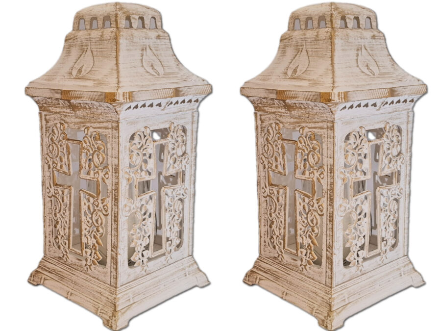 ZNICZ ZNICZE LAMPION NA GRÓB ZESTAW 2 SZTUKI KATEDRA KRZYŻ BIAŁO-ZŁOTY+WKŁAD