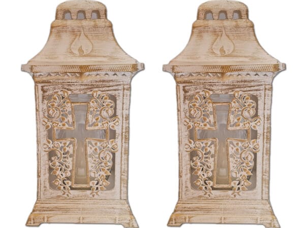 ZNICZ ZNICZE LAMPION NA GRÓB ZESTAW 2 SZTUKI KATEDRA KRZYŻ BIAŁO-ZŁOTY+WKŁAD