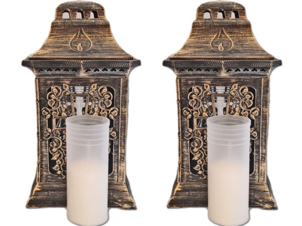 ZNICZ ZNICZE LAMPION NA GRÓB ZESTAW 2 SZTUKI KATEDRA KRZYŻ ZŁOTO +WKŁAD