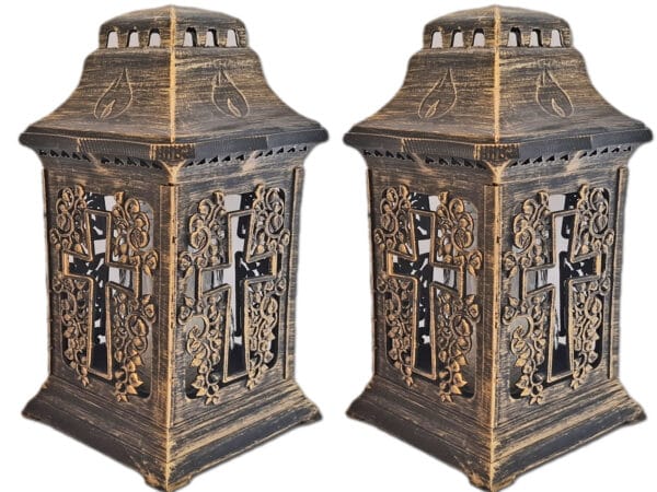 ZNICZ ZNICZE LAMPION NA GRÓB ZESTAW 2 SZTUKI KATEDRA KRZYŻ ZŁOTO +WKŁAD