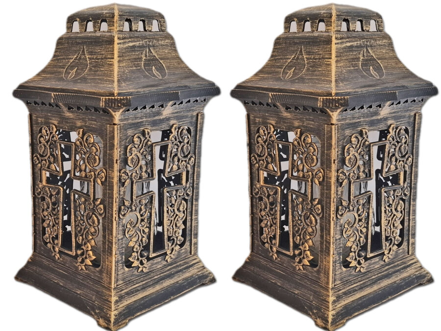 ZNICZ ZNICZE LAMPION NA GRÓB ZESTAW 2 SZTUKI KATEDRA KRZYŻ ZŁOTO +WKŁAD