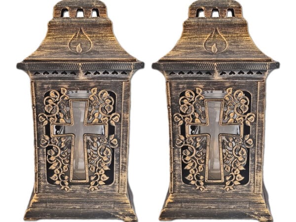 ZNICZ ZNICZE LAMPION NA GRÓB ZESTAW 2 SZTUKI KATEDRA KRZYŻ ZŁOTO +WKŁAD