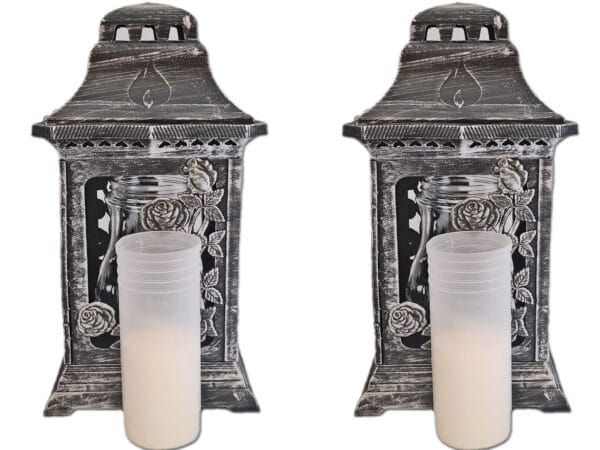 ZNICZ ZNICZE LAMPION NA GRÓB ZESTAW 2 SZTUKI KATEDRA RÓŻA SREBRO+WKŁAD