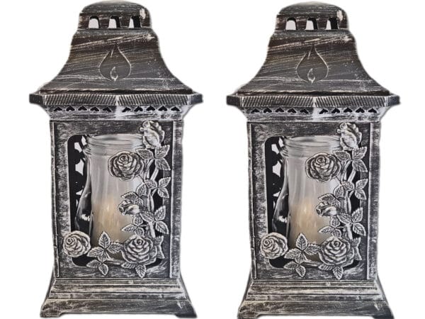 ZNICZ ZNICZE LAMPION NA GRÓB ZESTAW 2 SZTUKI KATEDRA RÓŻA SREBRO+WKŁAD