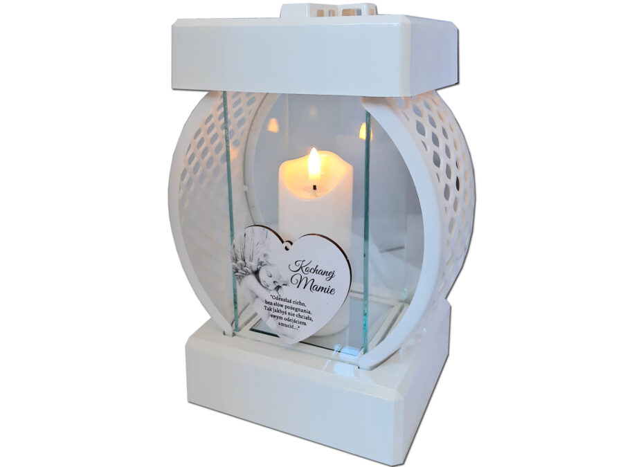 MAMA MAMIE ZNICZ LAMPION KOŁO RTN GŁADKI BIAŁY SERCE DR+ŚWIECA LED BIAŁA