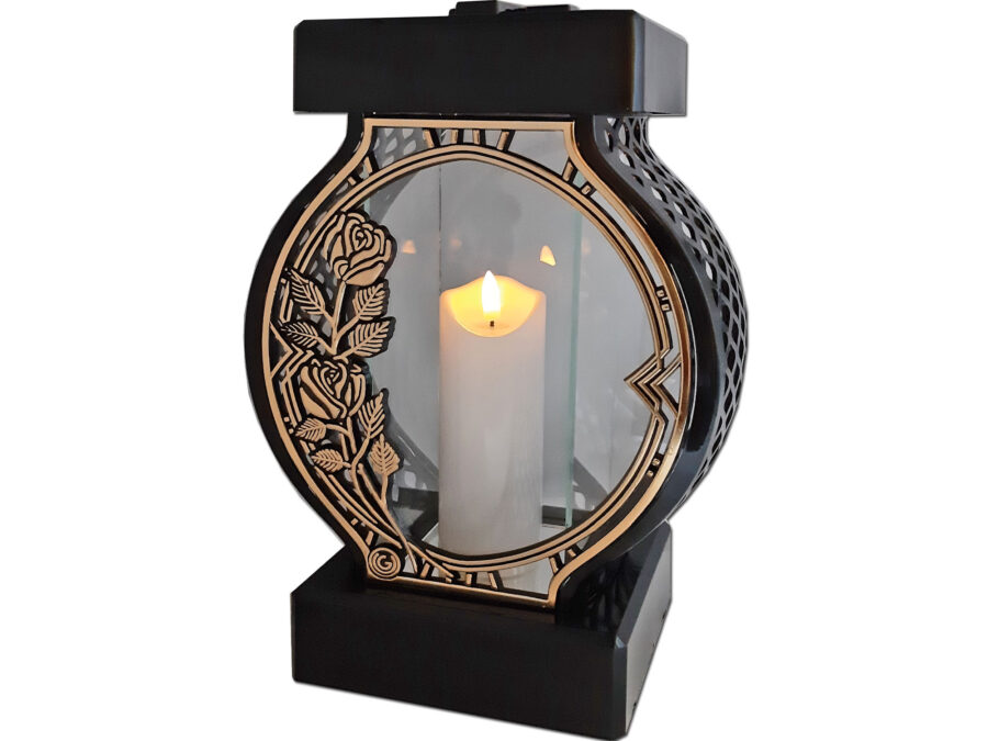 ZNICZ LAMPION NA GRÓB KOŁO DUŻE RTN RAMA RÓŻA ZŁOTO+ŚWIECA LED BIAŁA