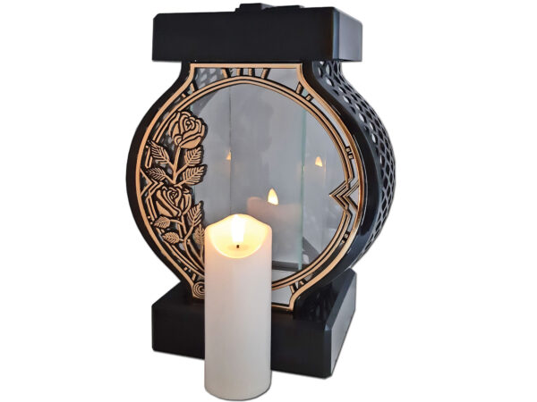 ZNICZ LAMPION NA GRÓB KOŁO DUŻE RTN RAMA RÓŻA ZŁOTO+ŚWIECA LED BIAŁA