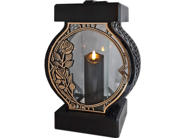 ZNICZ LAMPION NA GRÓB KOŁO DUŻE RTN RAMA RÓŻA ZŁOTO+ŚWIECA LED CZARNA