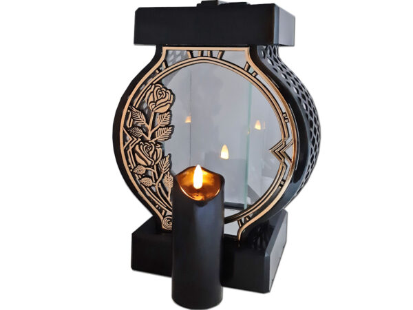 ZNICZ LAMPION NA GRÓB KOŁO DUŻE RTN RAMA RÓŻA ZŁOTO+ŚWIECA LED CZARNA