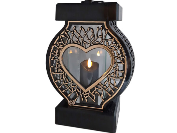 ZNICZ LAMPION NA GRÓB KOŁO DUŻE RTN RAMA SERCE ZŁOTO+ŚWIECA LED CZARNA