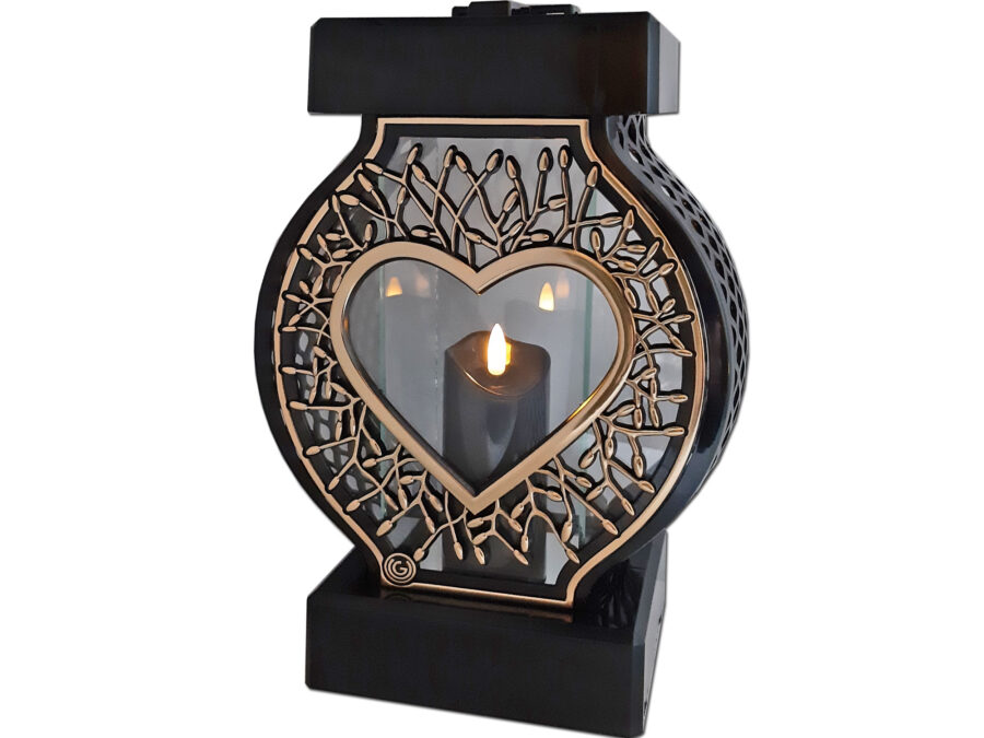 ZNICZ LAMPION NA GRÓB KOŁO DUŻE RTN RAMA SERCE ZŁOTO+ŚWIECA LED CZARNA