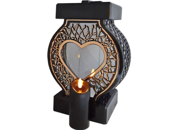 ZNICZ LAMPION NA GRÓB KOŁO DUŻE RTN RAMA SERCE ZŁOTO+ŚWIECA LED CZARNA