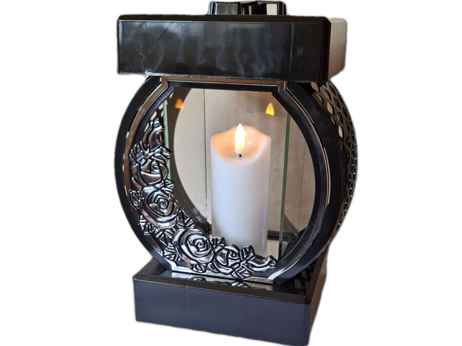 ZNICZ ZNICZE LAMPION NA GRÓB KOŁO RTN RÓŻA RAMA SREBRO+ŚWIECA LED BIAŁA