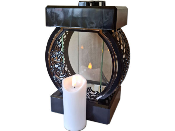 ZNICZ ZNICZE LAMPION NA GRÓB KOŁO RTN RÓŻA RAMA SREBRO+ŚWIECA LED BIAŁA