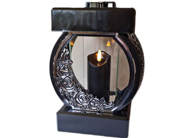 ZNICZ ZNICZE LAMPION NA GRÓB KOŁO RTN RÓŻA RAMA SREBRO+ŚWIECA LED CZARNA