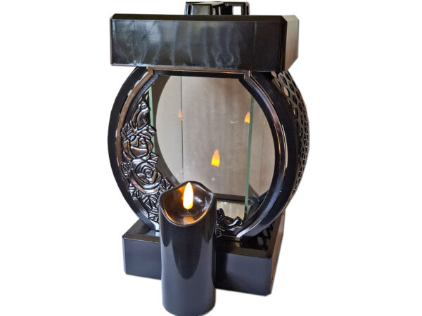 ZNICZ ZNICZE LAMPION NA GRÓB KOŁO RTN RÓŻA RAMA SREBRO+ŚWIECA LED CZARNA