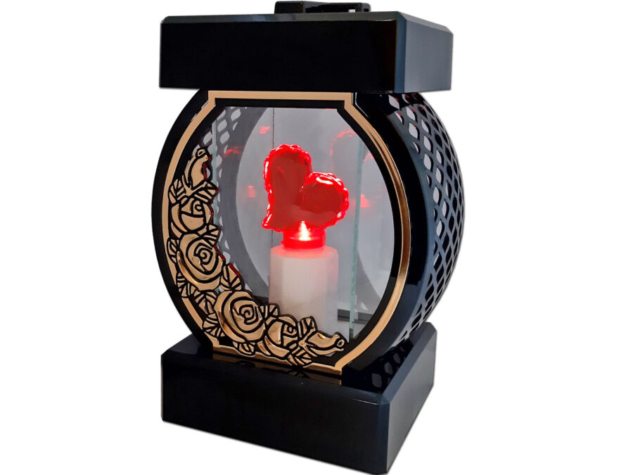 ZNICZ ZNICZE LAMPION NA GRÓB KOŁO RTN RÓŻA RAMA ZŁOTO+SERCE LED Z BAT
