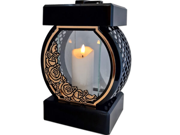 ZNICZ ZNICZE LAMPION NA GRÓB KOŁO RTN RÓŻA RAMA ZŁOTO+ŚWIECA LED BIAŁA