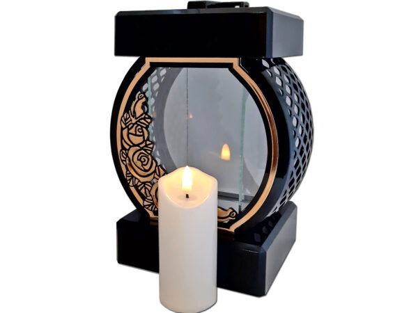 ZNICZ ZNICZE LAMPION NA GRÓB KOŁO RTN RÓŻA RAMA ZŁOTO+ŚWIECA LED BIAŁA