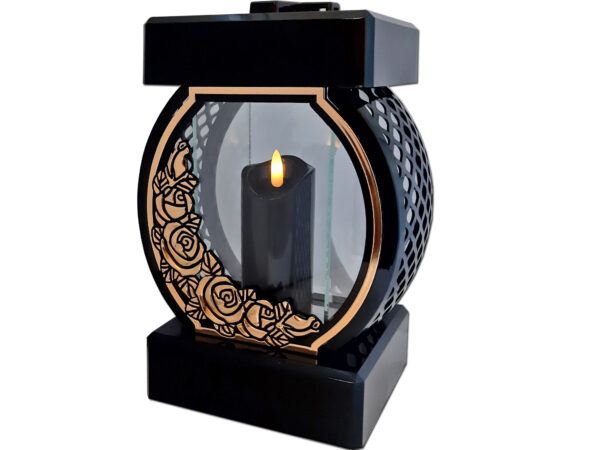 ZNICZ ZNICZE LAMPION NA GRÓB KOŁO RTN RÓŻA RAMA ZŁOTO+ŚWIECA LED CZARNA