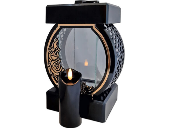 ZNICZ ZNICZE LAMPION NA GRÓB KOŁO RTN RÓŻA RAMA ZŁOTO+ŚWIECA LED CZARNA