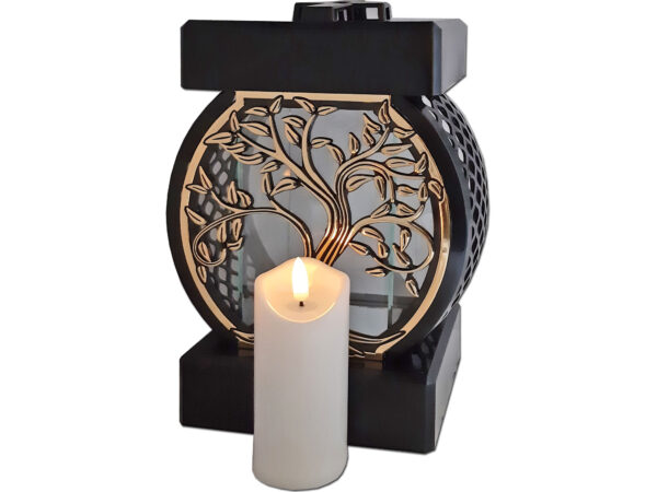 ZNICZ ZNICZE LAMPION NA GRÓB KOŁO RTN DRZEWO RAMA ZŁOTO+ŚWIECA LED BIAŁA