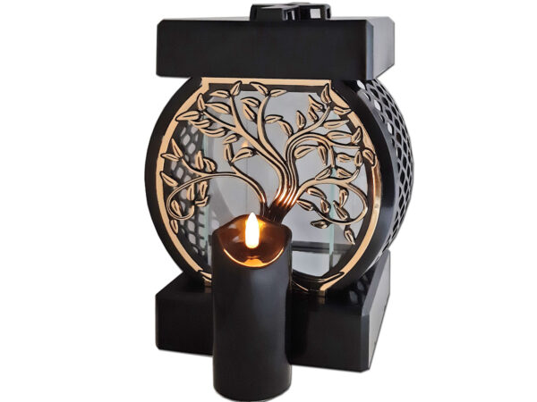 ZNICZ ZNICZE LAMPION NA GRÓB KOŁO RTN DRZEWO RAMA ZŁOTO+ŚWIECA LED CZARNA