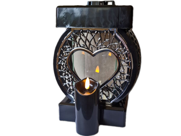 ZNICZ ZNICZE LAMPION NA GRÓB KOŁO RTN SERCE RAMA SREBRO+ŚWIECA LED CZARNA