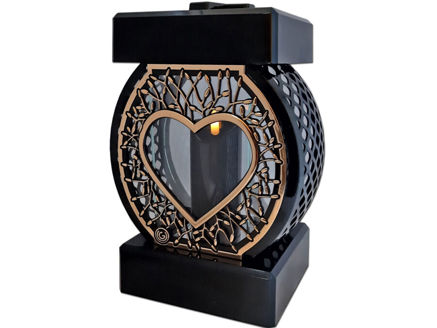 ZNICZ ZNICZE LAMPION NA GRÓB KOŁO RTN SERCE RAMA ZŁOTO+ŚWIECA LED CZARNA