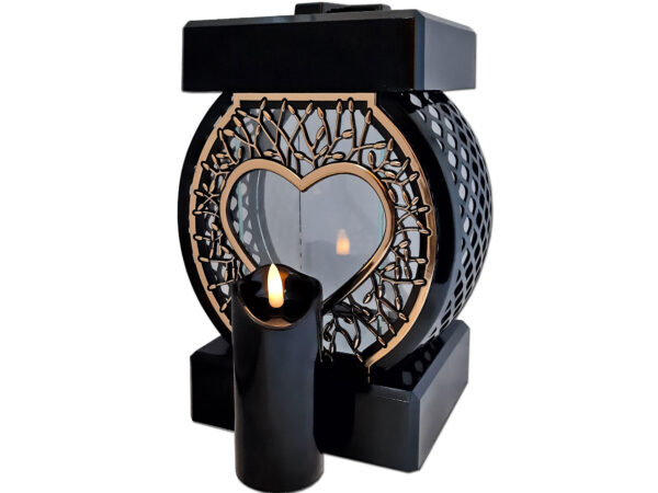 ZNICZ ZNICZE LAMPION NA GRÓB KOŁO RTN SERCE RAMA ZŁOTO+ŚWIECA LED CZARNA