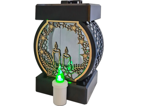 ZNICZ LAMPION NA GRÓB KOŁO RTN ŚWIĘTA RAMA ZŁOTO+ WKŁAD LED ZIELONY