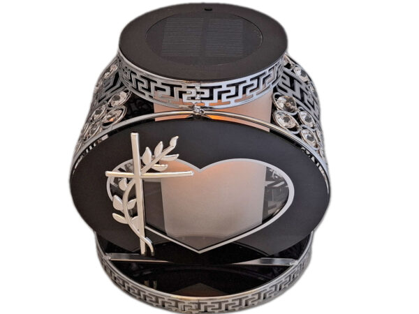 SOLAR SOLARNY FOTOWOLTAICZNY ZNICZ LAMPION VIP KOŁO SREBRN-BIAŁE KRYSZTAŁKI