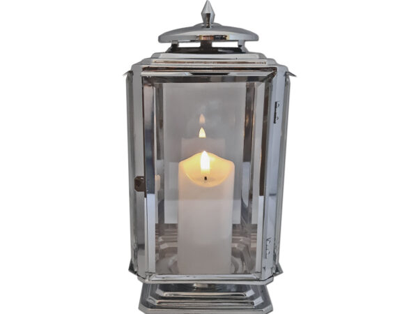 ZNICZ ZNICZE LAMPION PREMIUM NA GRÓB LATARNIA METAL SREBRO+ŚWIECA LED