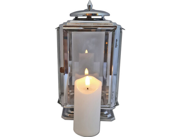 ZNICZ ZNICZE LAMPION PREMIUM NA GRÓB LATARNIA METAL SREBRO+ŚWIECA LED