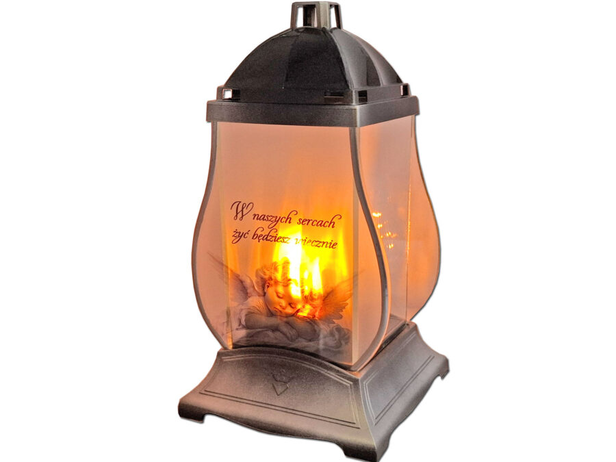 ZNICZ LAMPION NA GRÓB KPL DEKOR SREBRO ANIOŁ W NASZYCH SERCACH+WKŁAD LED