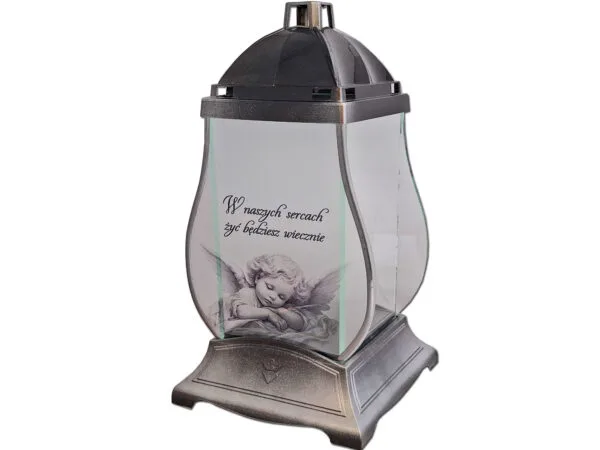 ZNICZ ZNICZE LAMPION NA GRÓB KPL DEKOR SREBRO ANIOŁ W NASZYCH SERCACH
