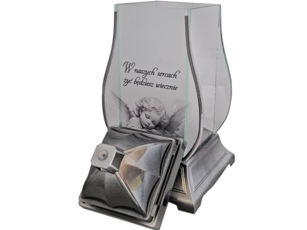 ZNICZ ZNICZE LAMPION NA GRÓB KPL DEKOR SREBRO ANIOŁ W NASZYCH SERCACH