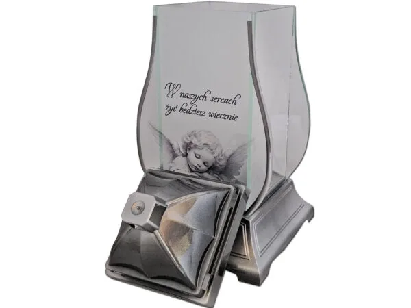 ZNICZ ZNICZE LAMPION NA GRÓB KPL DEKOR SREBRO ANIOŁ W NASZYCH SERCACH