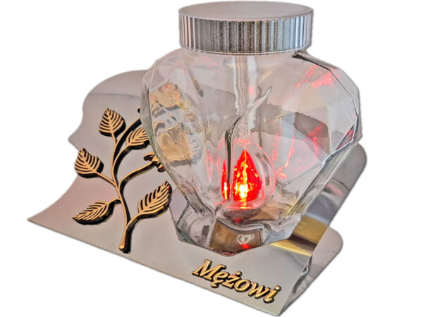 MĄŻ MĘŻOWI SOLARNY ZNICZ LAMPION FOTOWOLTAICZNY NA GRÓB SERCE SKOS SREBRO