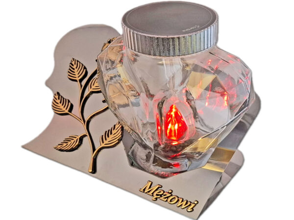 MĄŻ MĘŻOWI SOLARNY ZNICZ LAMPION FOTOWOLTAICZNY NA GRÓB SERCE SKOS SREBRO