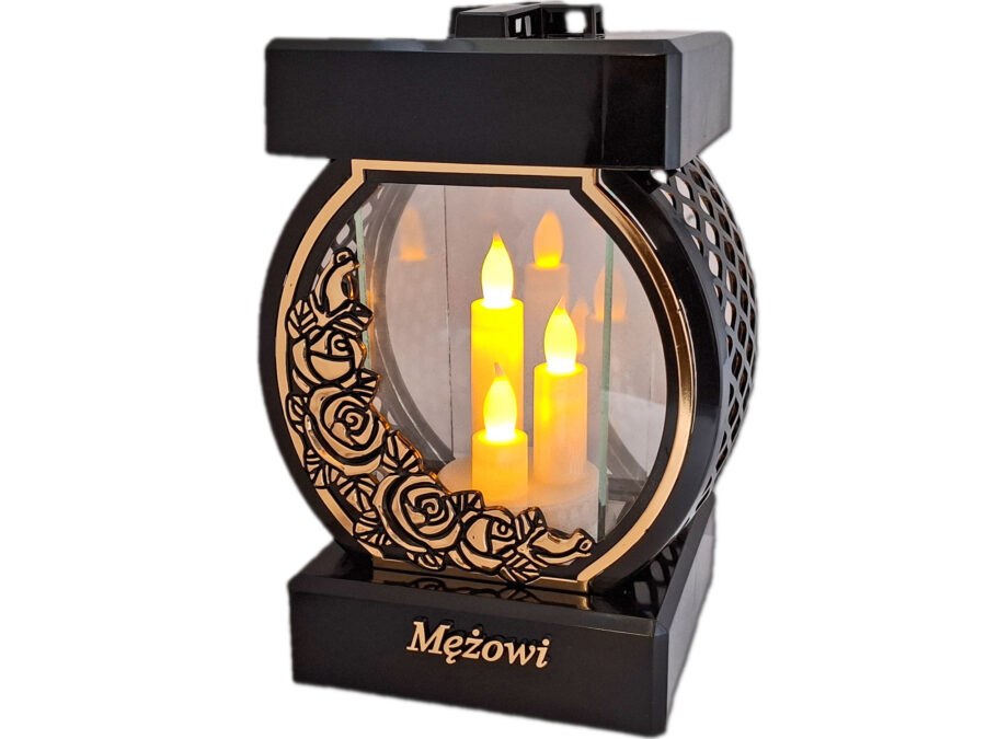 MĄŻ MĘŻOWI ZNICZ LAMPION NA GRÓB KOŁO RTN RÓŻA RAM ZŁO+ŚWIECZNIK LED