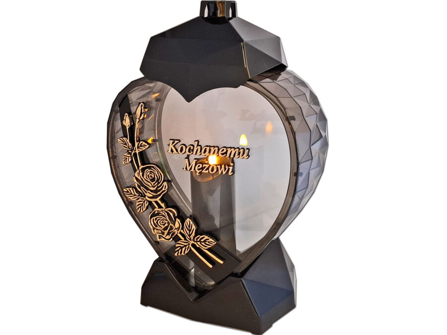 MĄŻ MĘŻOWI ZNICZ LAMPION SERCE D RÓŻA CZARNY ZŁOTO LITERY+ŚWIECA LED CZARNA