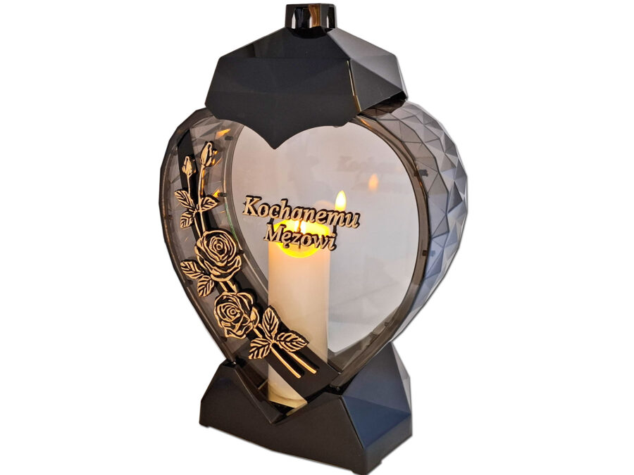 MĄŻ MĘŻOWI ZNICZ LAMPION SERCE D RÓŻA CZARNY ZŁOTO LITERY+ŚWIECA LED