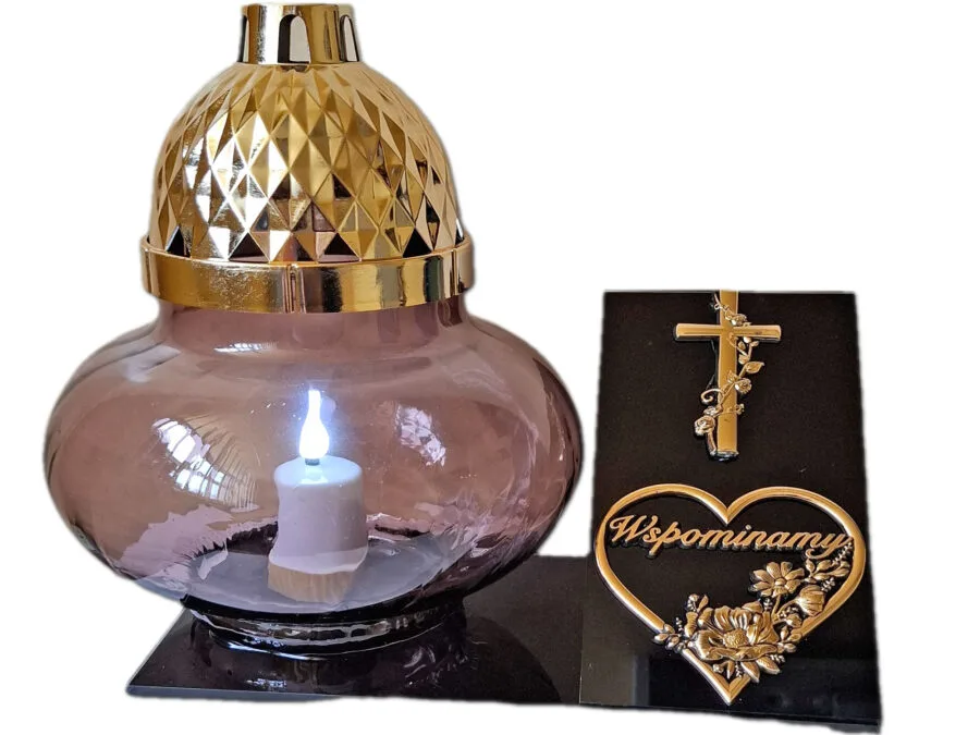 WSPOMINAMY ZNICZ LAMPION NA GRÓB KULA METALIZA SKOS ZŁOTO+ WKŁAD