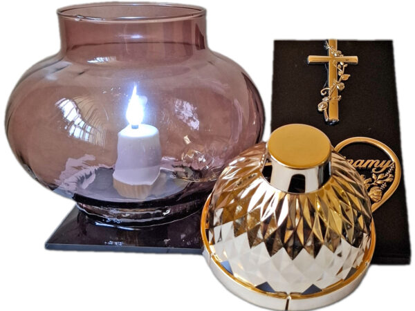 WSPOMINAMY ZNICZ LAMPION NA GRÓB KULA METALIZA SKOS ZŁOTO+ WKŁAD