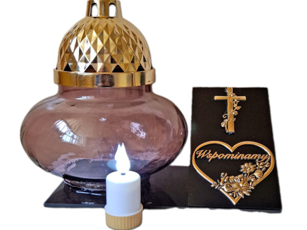 WSPOMINAMY ZNICZ LAMPION NA GRÓB KULA METALIZA SKOS ZŁOTO+ WKŁAD