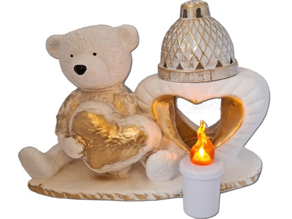 ZNICZ LAMPION FIGURKA NA GRÓB MIŚ Z SERCEM GIPS+WKŁAD LEDOWY
