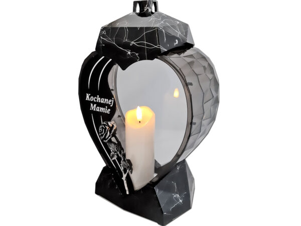 ZNICZ MAMA MAMIE SERCE DEDYKACJA CZARNY MARMUR+ ŚWIECA LED