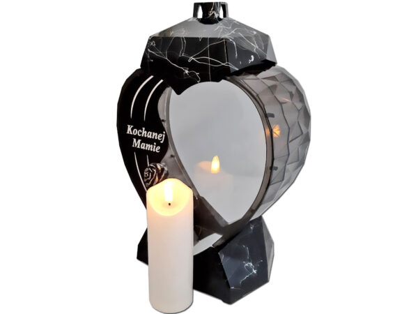 ZNICZ MAMA MAMIE SERCE DEDYKACJA CZARNY MARMUR+ ŚWIECA LED