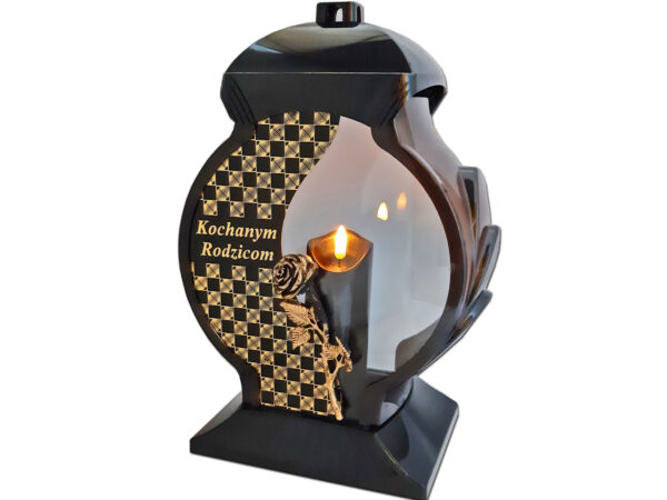 RODZICE RODZICOM ZNICZ LAMPION NA GRÓB OB CZARNO ZŁOTY+ŚWIECA LED CZARNA